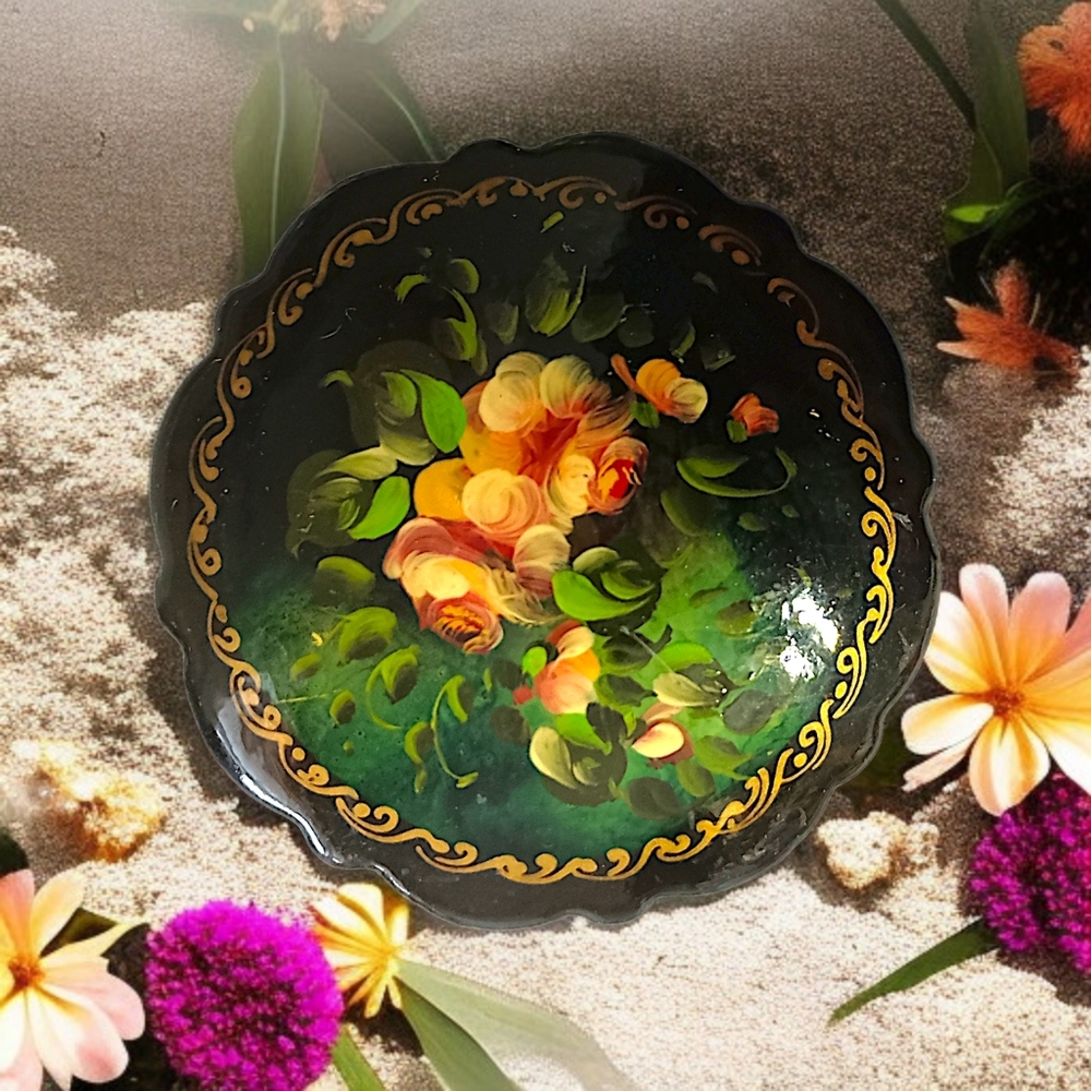 Vintage Russian Handpainted Brooch Pin Floral Black Lacquer‎ Flowers Multicolor